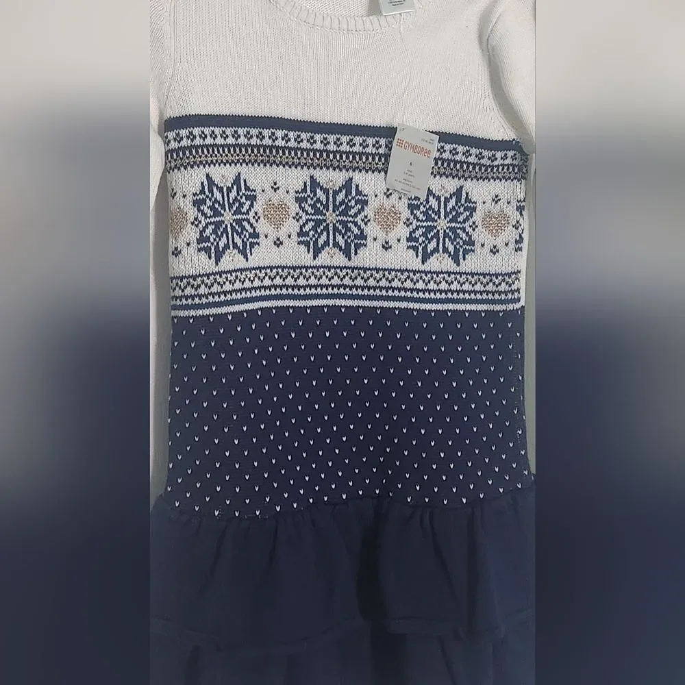 NWR Gymboree 6 Navy&White Lsleeves Knited Tiered Ruffles Snowflake Girl's Dress